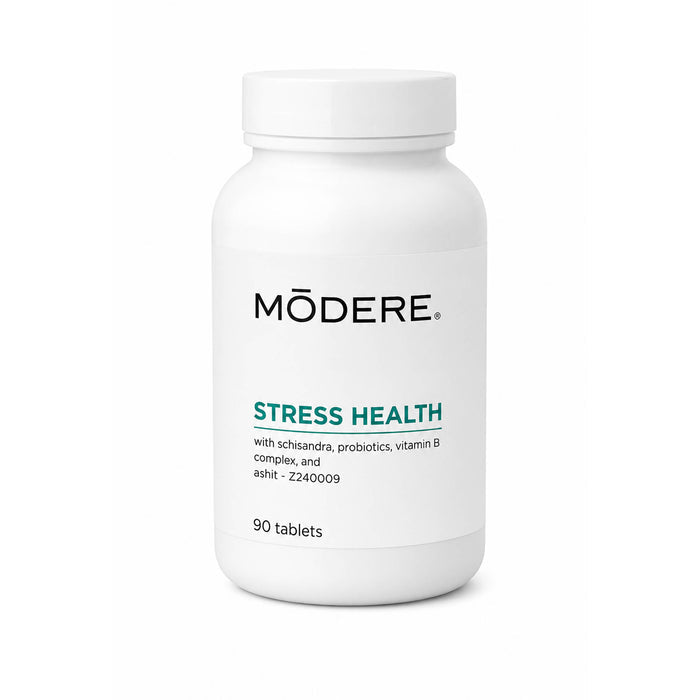 Shaklee Modere Stress Health supplement bottle with 90 tablets, featuring a label with green and white design and product information.