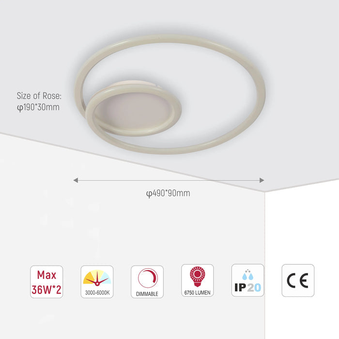 Modern Spiral LED Ceiling Light, 72W, CCT Tunable & Dimmable
