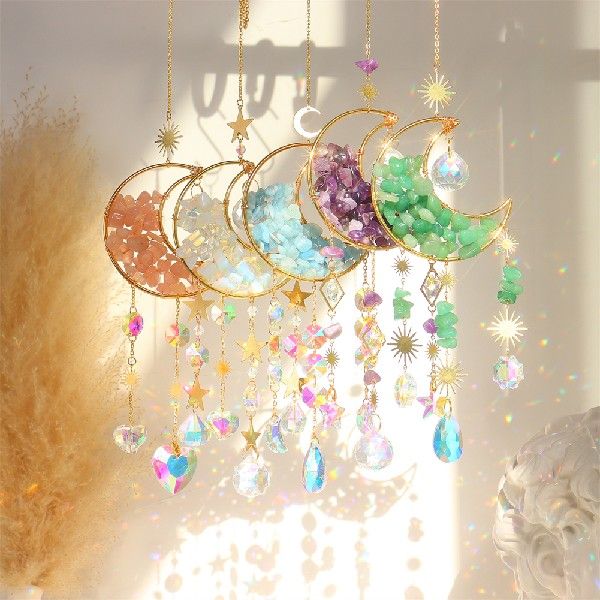 Moon & Stars Crystal Car Charm - Reflective Metal Hanging Ornament for Rearview Mirror