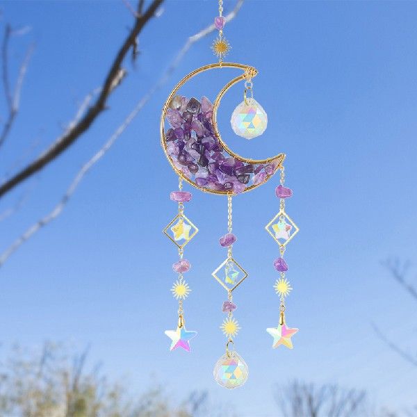 Moon & Stars Crystal Car Charm - Reflective Metal Hanging Ornament for Rearview Mirror