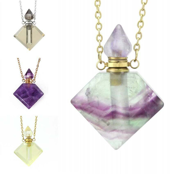 Natural Crystal Perfume Bottle Necklace - Diamond-Shaped Aromatherapy Pendant Jewelry