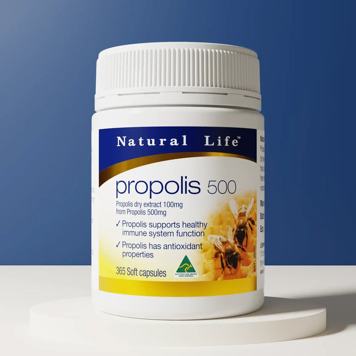 Natural Life Propolis 500mg capsules, 60-count, showing the supplement bottle with label detailing probiotic benefits and natural ingredients.