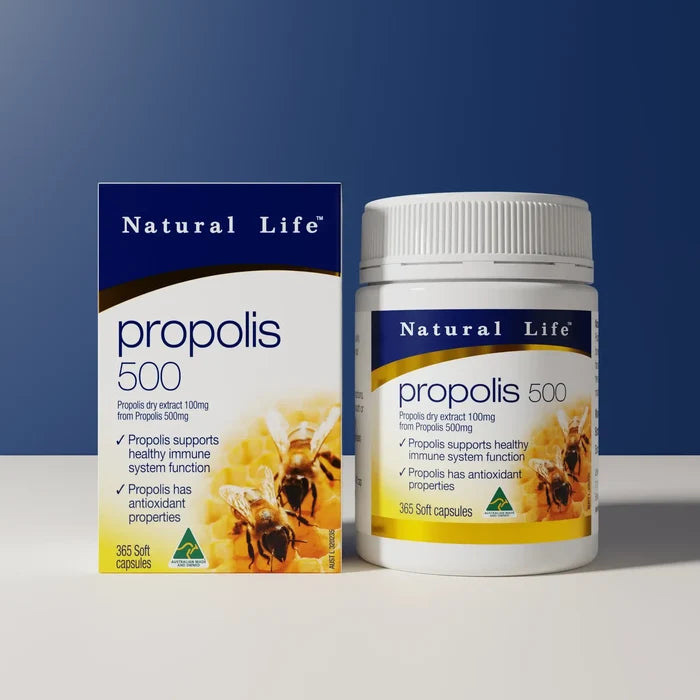 Natural Life Propolis 500mg capsules, dietary supplement in a bottle, showcasing 60 capsules for immune support and wellness.