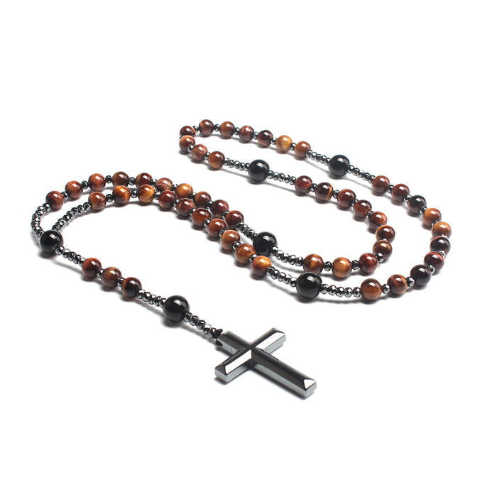 Natural Round Beads Long Chain Cross Necklace – Elegant Prayer Jewelry