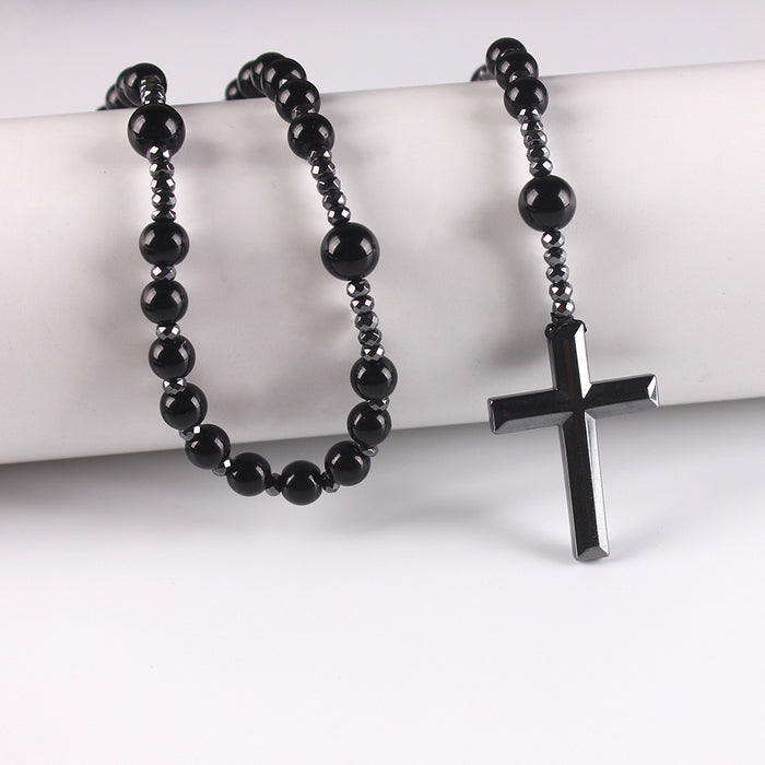 Natural Round Beads Long Chain Cross Necklace – Elegant Prayer Jewelry