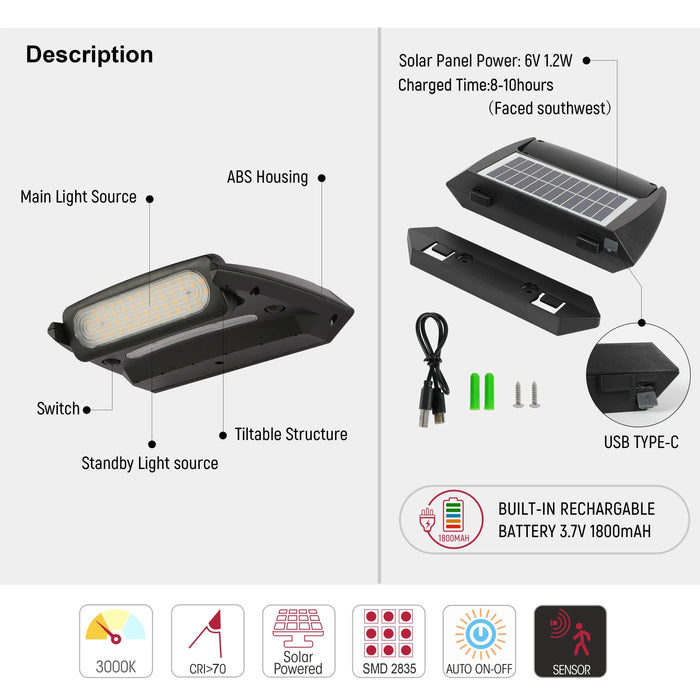 Solar-Powered Tiltable LED Wall Light, Motion Sensor, 3000K
