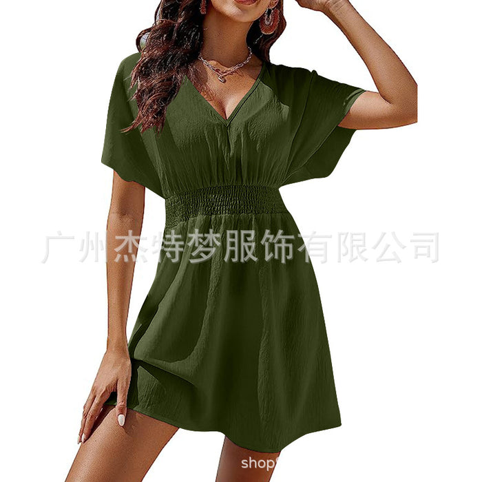 V-Neck Pleated Midi Dress – Women's Flowy Casual Dress