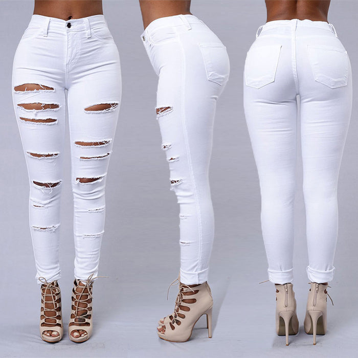 Women's High Waist Ripped Skinny Jeans – Cotton Pencil Pants in Black & White