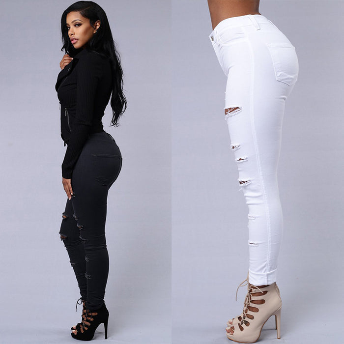 Women's High Waist Ripped Skinny Jeans – Cotton Pencil Pants in Black & White