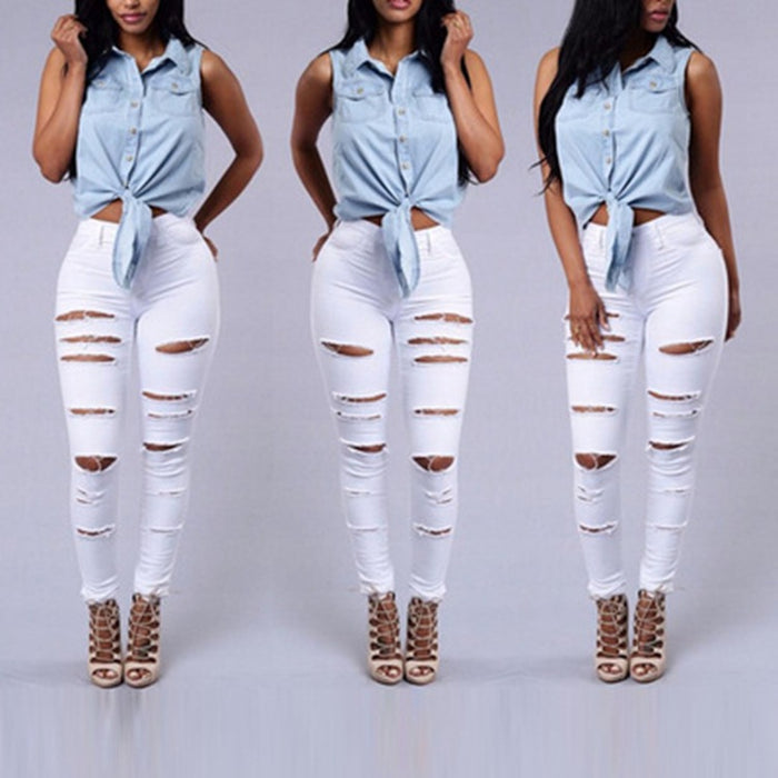 Women's High Waist Ripped Skinny Jeans – Cotton Pencil Pants in Black & White