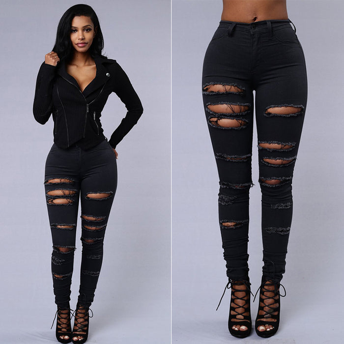 Women's High Waist Ripped Skinny Jeans – Cotton Pencil Pants in Black & White