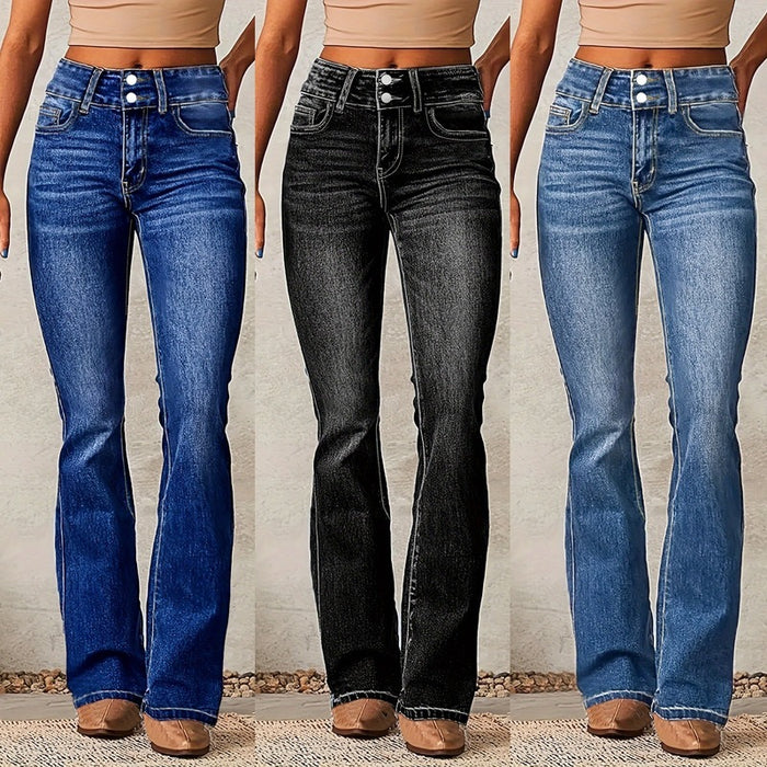 Women's Skinny Flared Jeans – Slim Fit Denim Pants with Pockets & Button Zipper