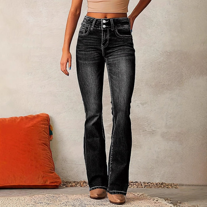 Women's Skinny Flared Jeans – Slim Fit Denim Pants with Pockets & Button Zipper