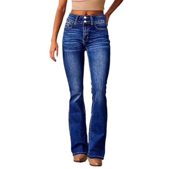 Women's Skinny Flared Jeans – Slim Fit Denim Pants with Pockets & Button Zipper