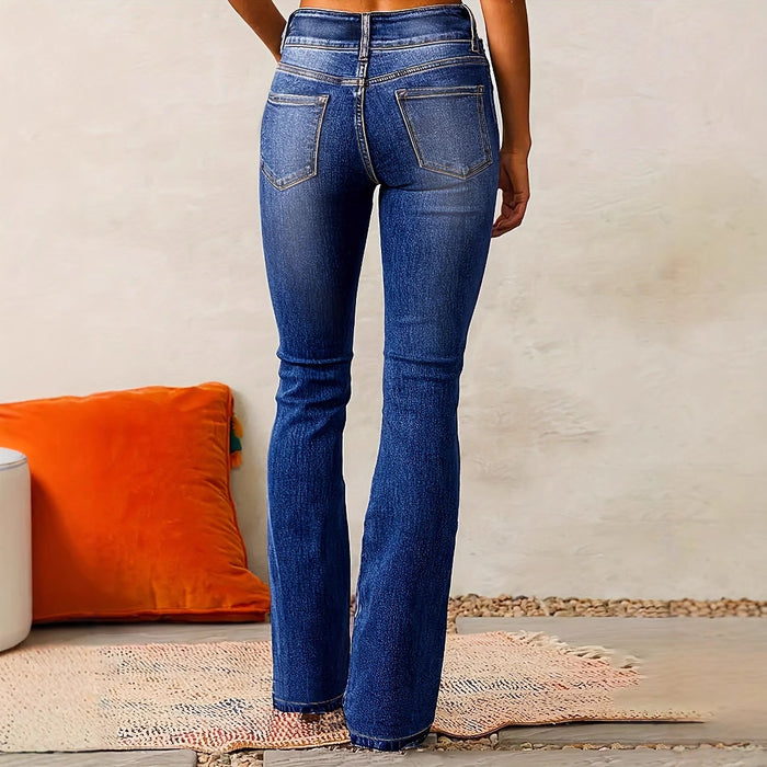 Women's Skinny Flared Jeans – Slim Fit Denim Pants with Pockets & Button Zipper