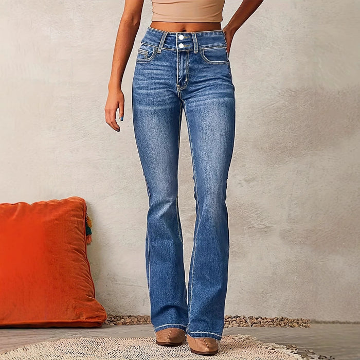 Women's Skinny Flared Jeans – Slim Fit Denim Pants with Pockets & Button Zipper