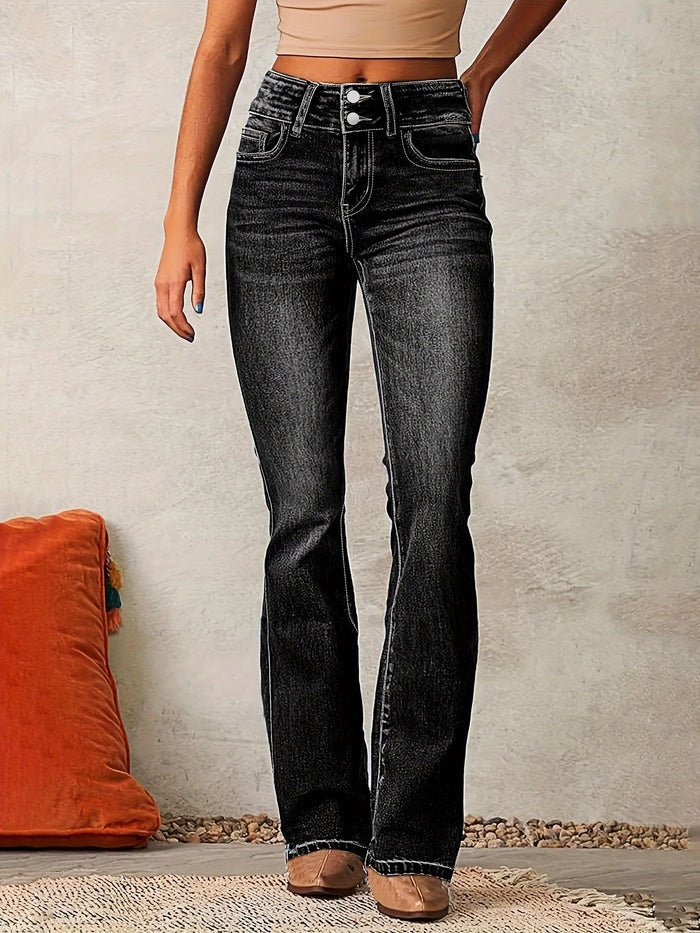 Women's Skinny Flared Jeans – Slim Fit Denim Pants with Pockets & Button Zipper